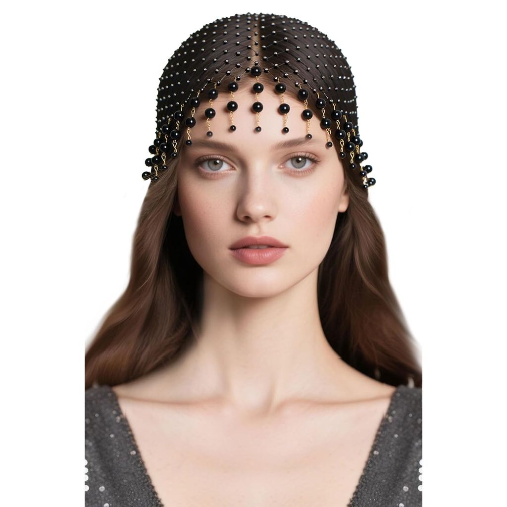 Coucoland Beaded Rhinestone Hair Accessory-Vintage-style elastic mesh pearl headpiece，Suitable1920Vintage Women's Access