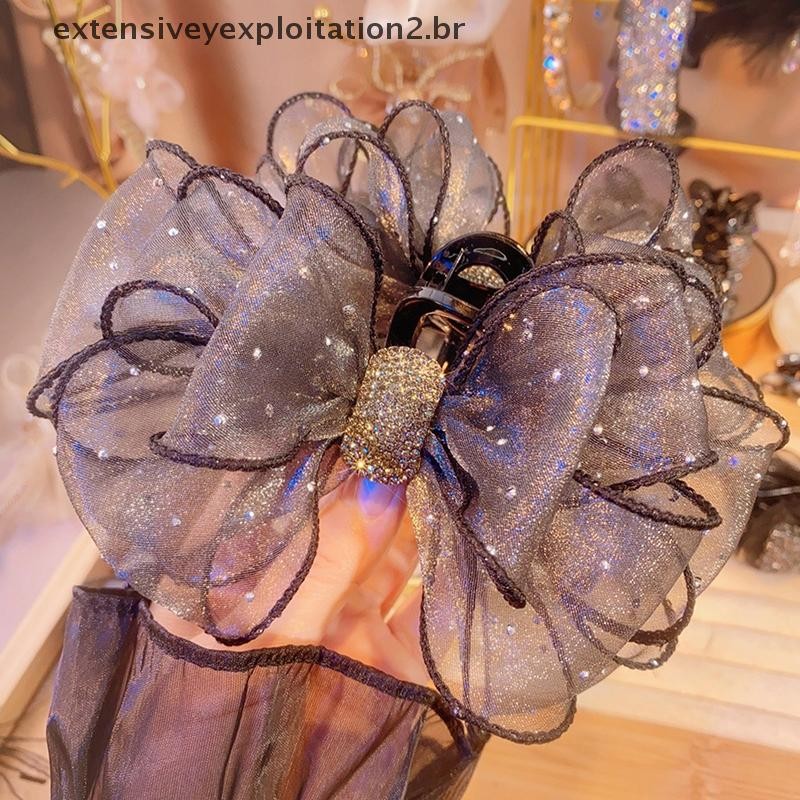 Moda Preto Malha Arco Strass Garra De Cabelo Vintage Elegante Grampo Grampos De Tubarão Para Mulheres Acessórios .