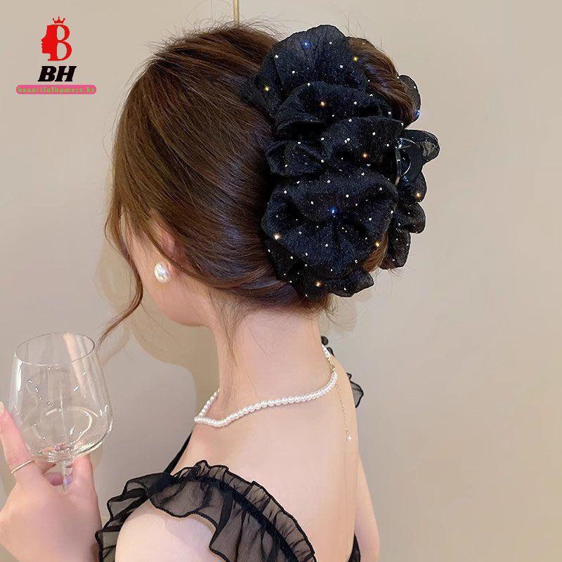 BH-TOY Glitter Strass Grampo De Garra De Cabelo Criativo Dupla Face Malha Arco Luxuoso Para Mulheres Banquete Wear ~