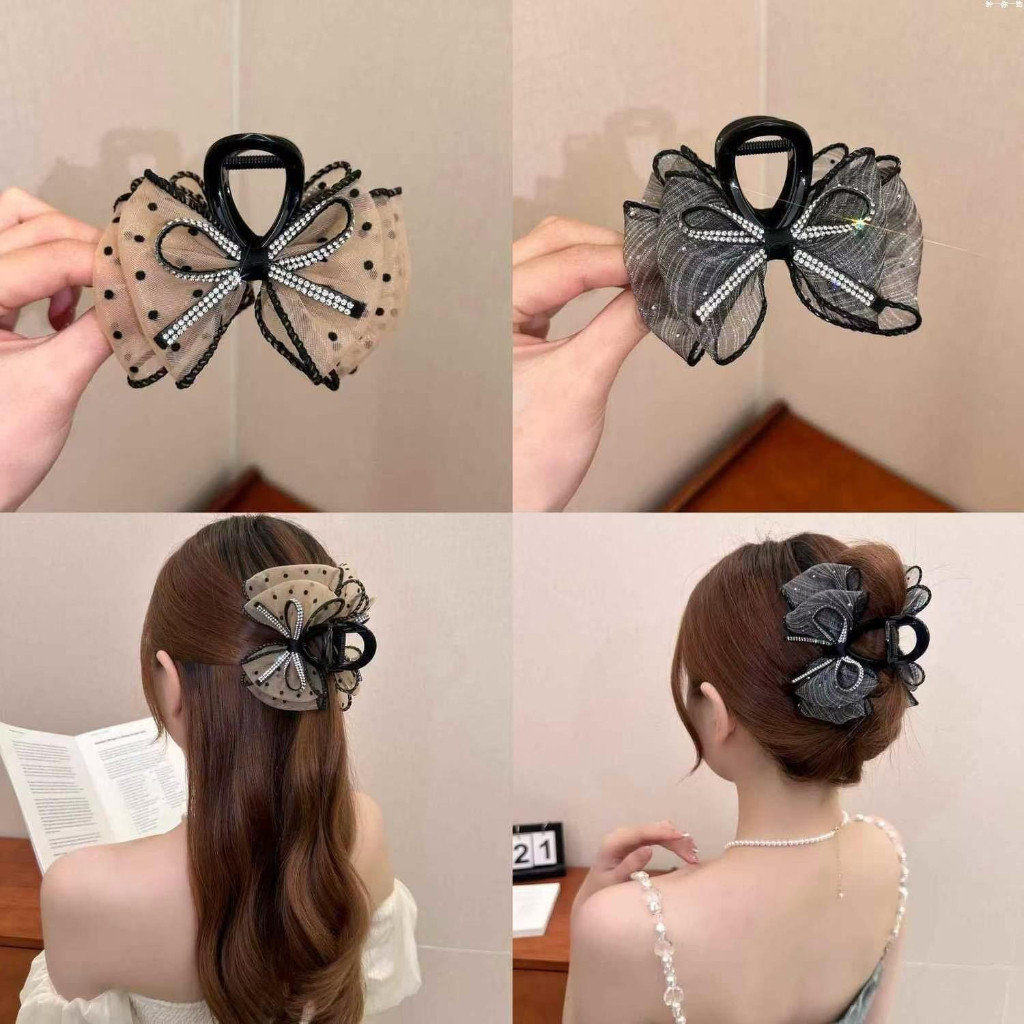 Feminino Strass Bolinhas Malha Arco Garra De Cabelo Clipe Alta Elástica Tubarão Para Updo Meio Rabo De Cavalo Elegante A