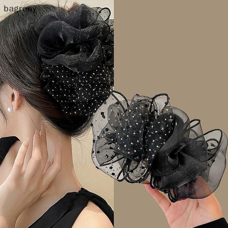 [bagreny] Verão Doce Malha Tule Grande Arco Grampos De Garra De Cabelo Para Mulheres Cores Sólidas Elegante Bowknot Rabo