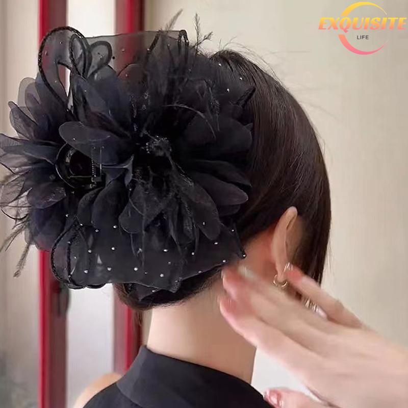 [EL-t] Malha Renda Pena Fita Arco Garras De Cabelo Hairpin Grande Rabo De Cavalo Titular Grampos Acessórios Para Mulher