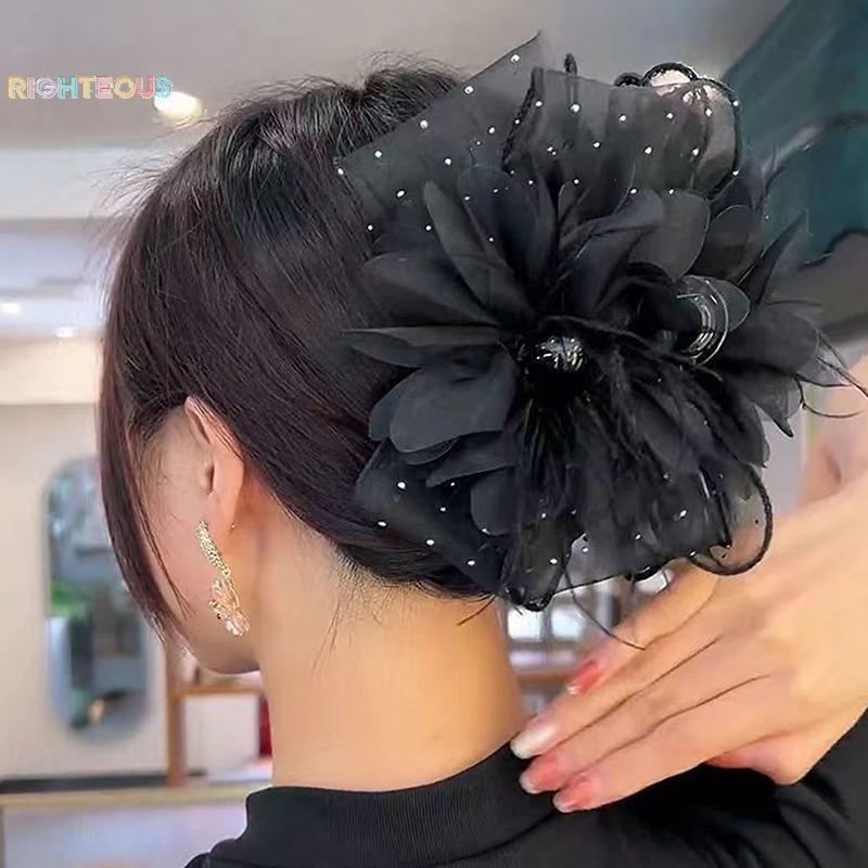 Rightrous Malha Laço Preto Fita Arco Garras De Cabelo Hairpin Grande Rabo De Cavalo Titular Grampos Acessórios Para O Mu