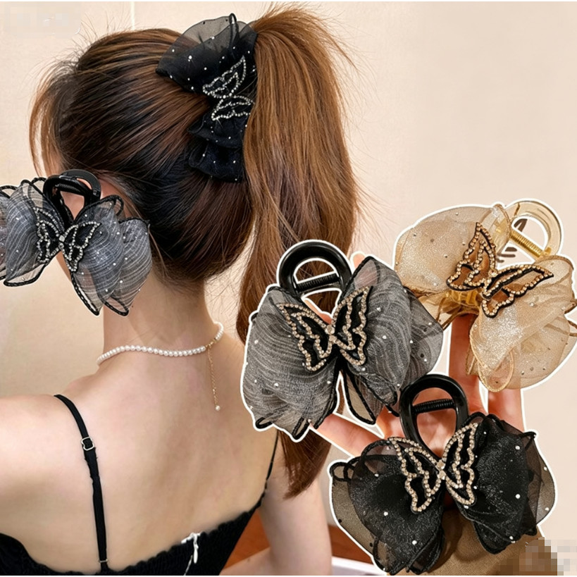 1Pc Malha Tule Arco Borboleta Garra De Cabelo Clipe Grande Tubarão Grampo Antiderrapante Para Mulheres Rabo De Cavalo Al