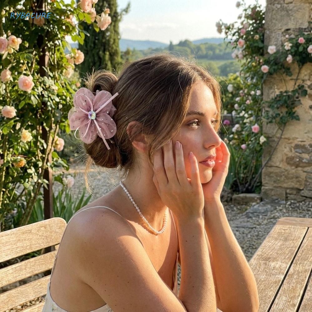 Garra De Cabelo De Flor De Malha , 4 Unidades , Clipe De Tubarão De Arco De Strass Brilhante De Tule Organza Antiderrapa