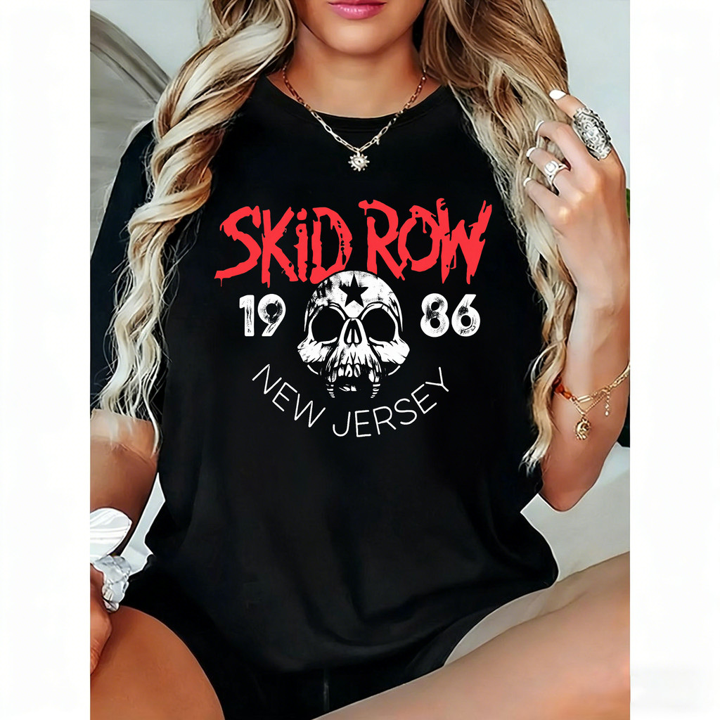 Camiseta Feminina Estampa Skull Rock Band Skid Row 1986 New Jersey Vermelho Branco Estilosa Moderna Retro