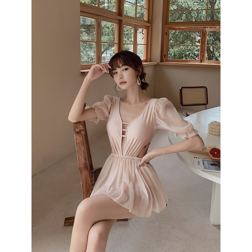 Golden grânulo maiô feminino verão 2023 novo estilo puro desejo estilo elegante saia de uma peça estilo mais magro olhar