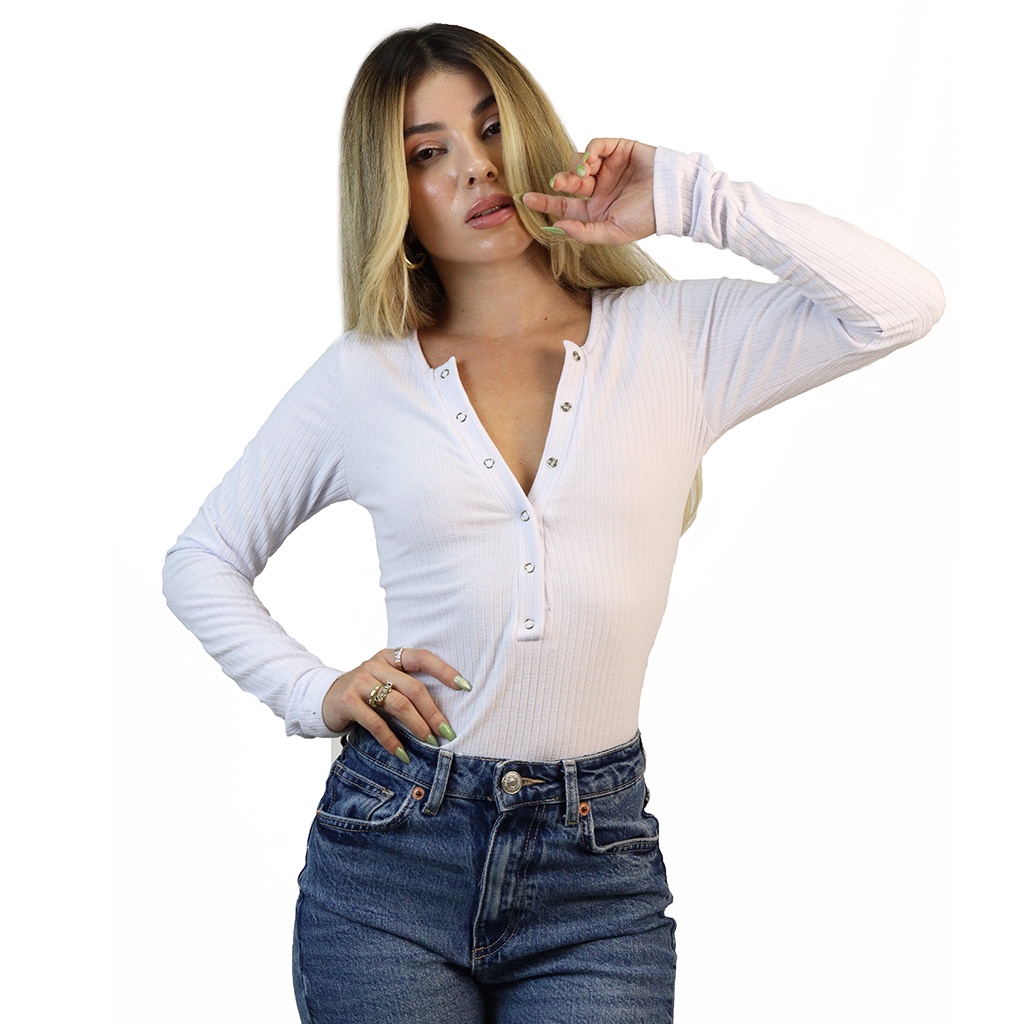 BLUSA MANGA LONGA FEMININA CASUAL DECOTE V MANGA COMPRIDA BLUSINHA CANELADO POWER AITONA