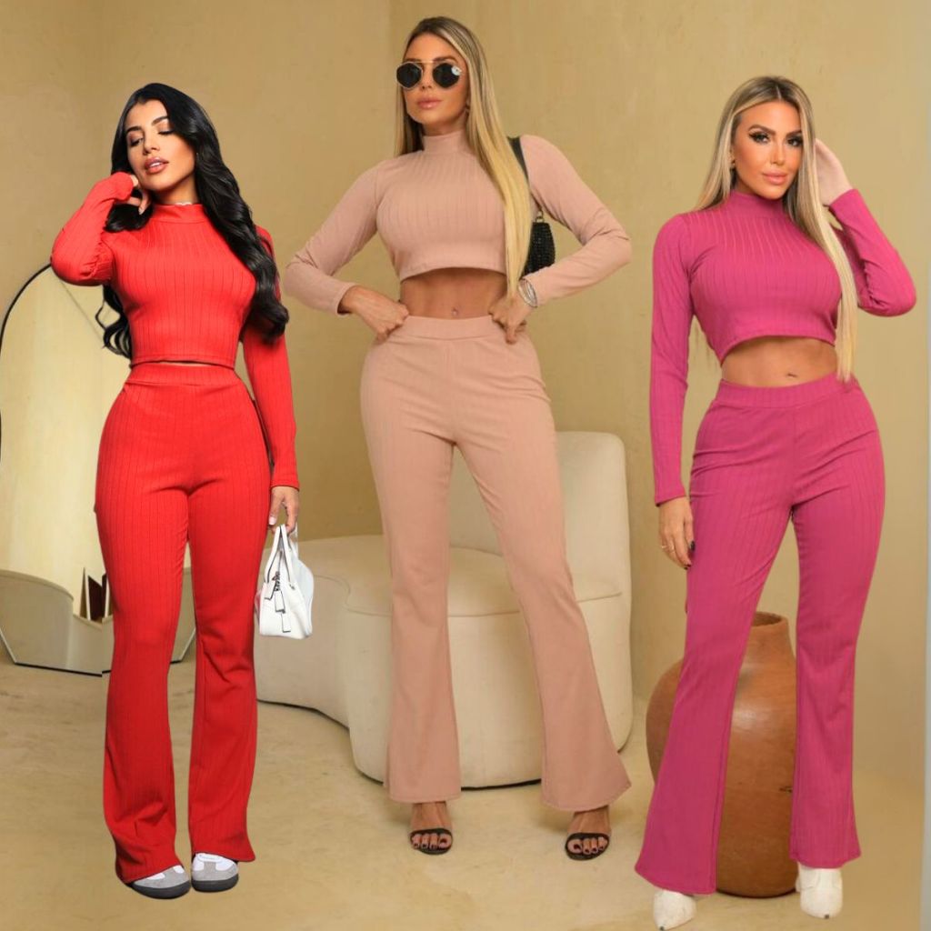 Conjunto Feminino Canelado Power 2 Peças Cropped Golinha Manga Longa e Calça Flare