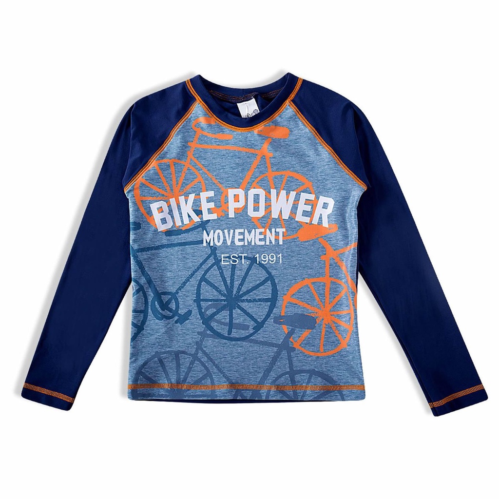 Camiseta Infantil Proteção Solar Azul Bike Power Manga Longa Tip Top