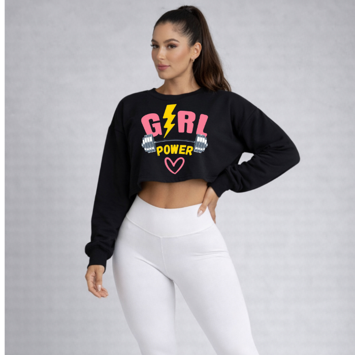 Moletom Cropped Feminino Flanelado Manga Longa para Inverno Confortável Casual Moderno Moda Power Girl