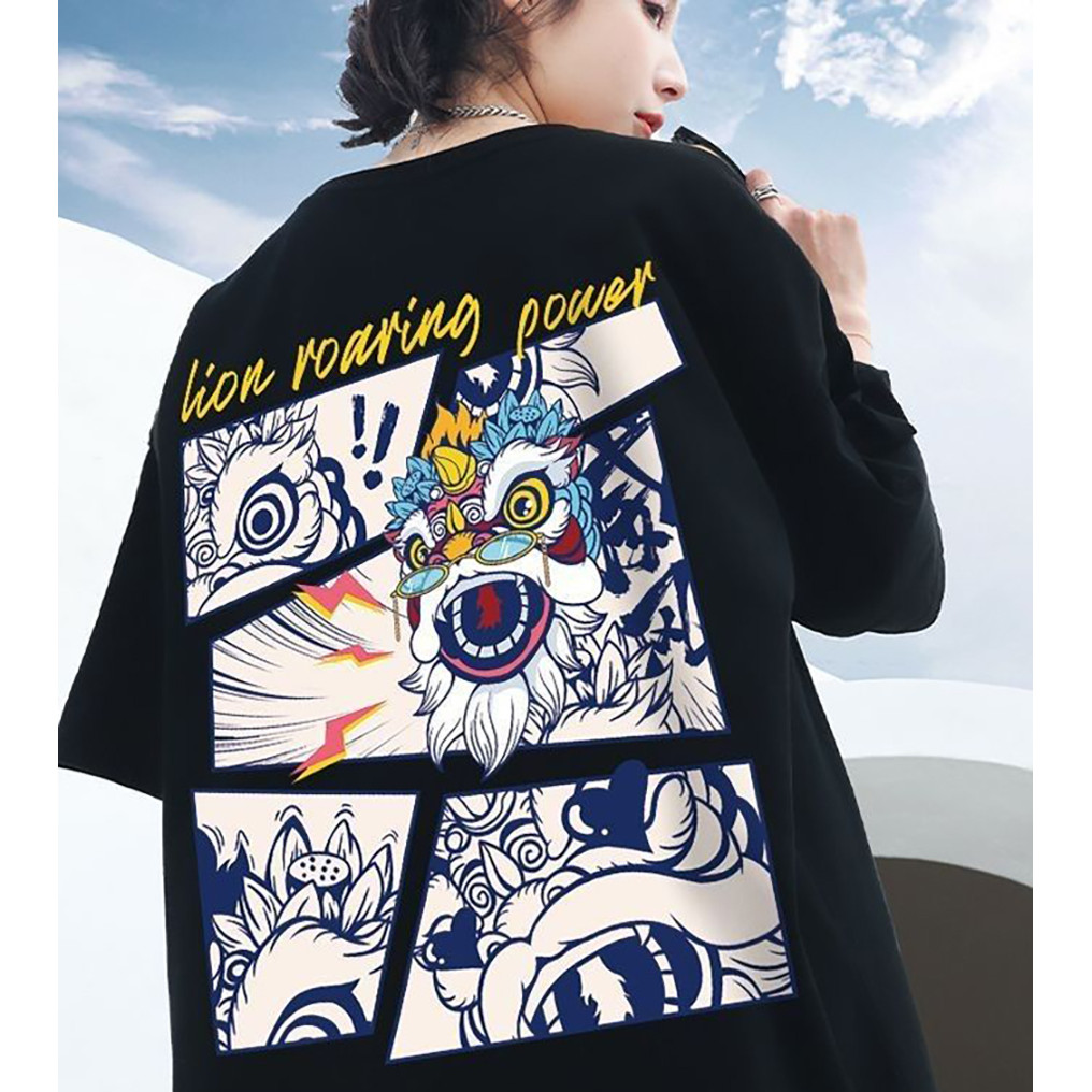 Camiseta Unissex Oversized de Manga Longa, Estampa Leão Chinês “lion roaring power”, Streetwear Novo