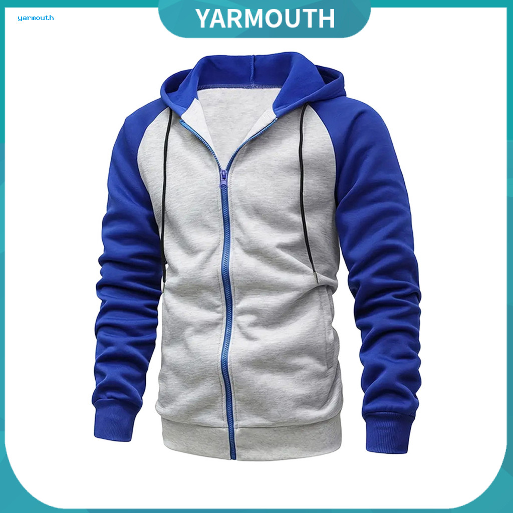 Men Hoodie Relaxed Fit Coat Men's Jacket with Contrasting Color Zip-up Drawstring Hood Plush Lining Stretchy Hem Cuffs L