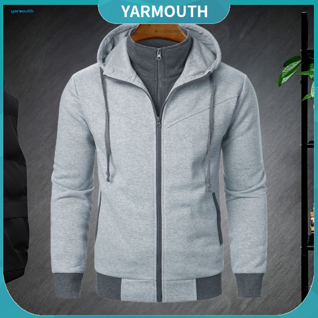 Men Color-blocked Jacket Double Zipper Hooded Men's Autumn Winter with Dual Pockets Drawstring Elastic Cuffs Hem – Col