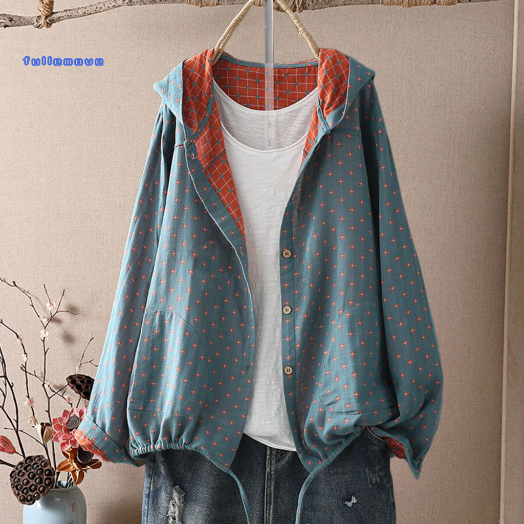 Women Cotton Jacket Side Pocket Women’s Spring Autumn Hooded with Drawstring Hem Long Sleeve Loose Fit Coat Printed Zi