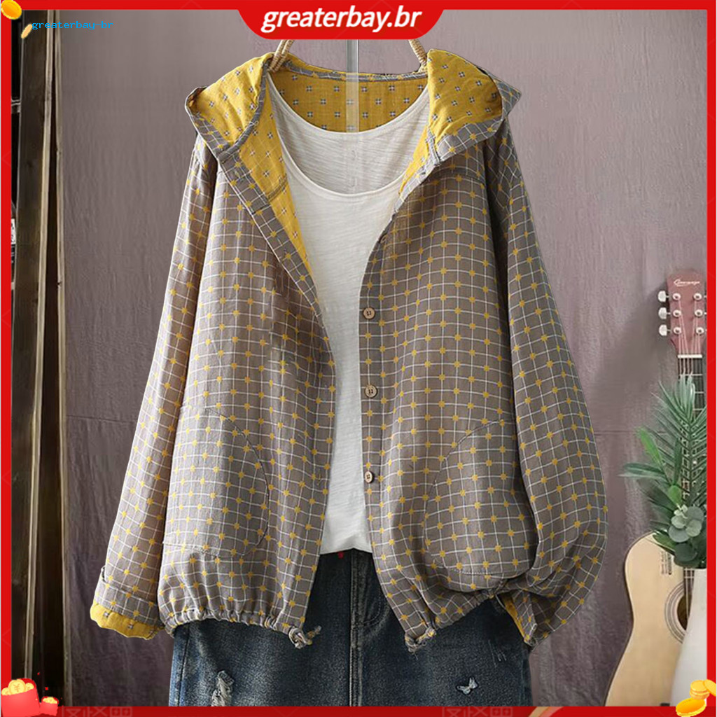 Women’s Spring Autumn Hooded Jacket with Drawstring Hem Long Sleeve Loose Fit Coat Printed Zipper Closure Outerwear Po