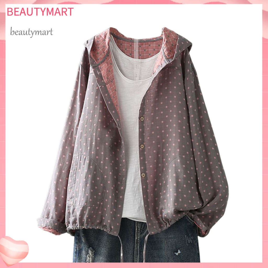 Autumn Jacket Women Cotton Women’s Spring Hooded with Drawstring Hem Long Sleeve Loose Fit Coat Printed Zipper Closure