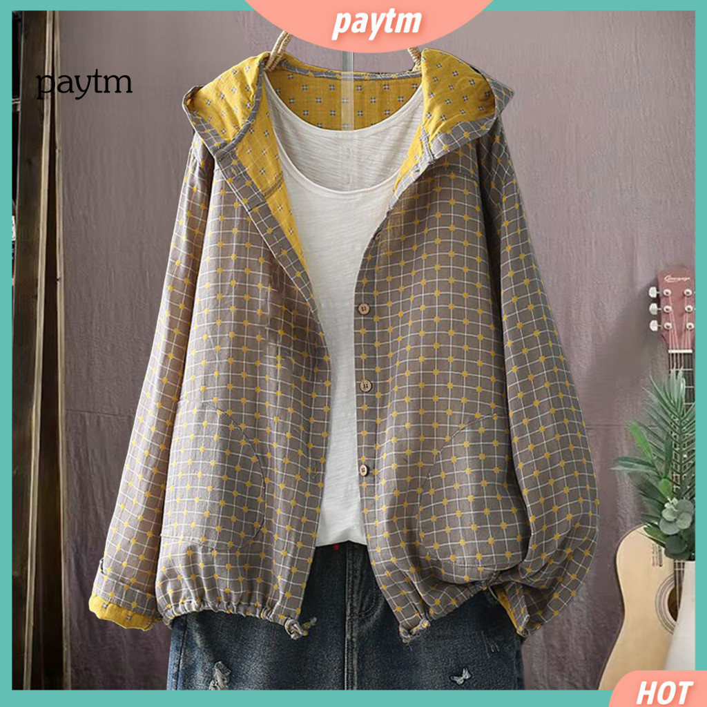 Spring and Autumn Jacket Hooded Mid-length Women’s with Drawstring Hem Long Sleeve Loose Fit Coat Printed Zipper Closu