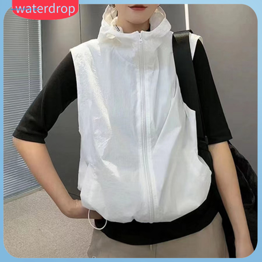 Women’s Sleeveless Hooded Cardigan Vest with Zipper Drawstring Hem Loose Fit Solid Color Sun Protection Jacket for Spo