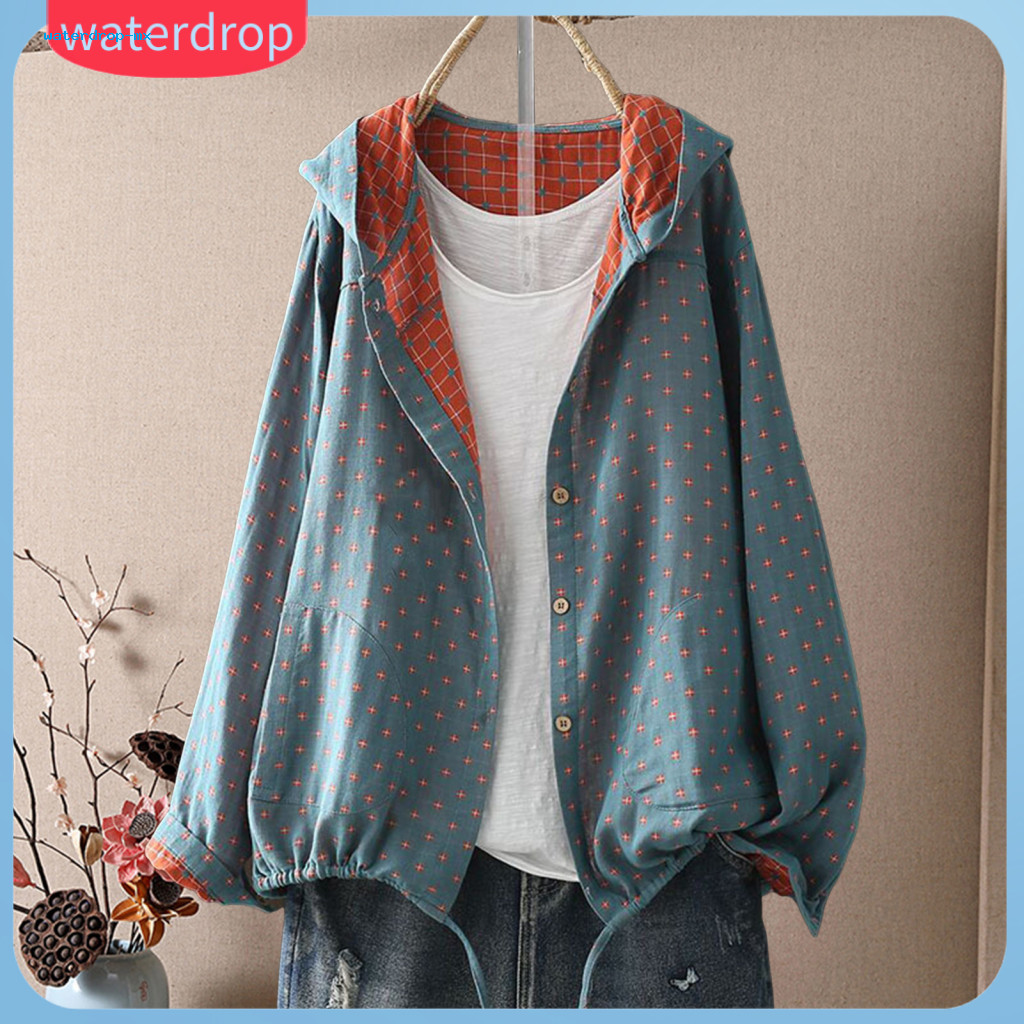 Women’s Spring Autumn Hooded Jacket with Drawstring Hem Long Sleeve Loose Fit Coat Printed Zipper Closure Outerwear Po
