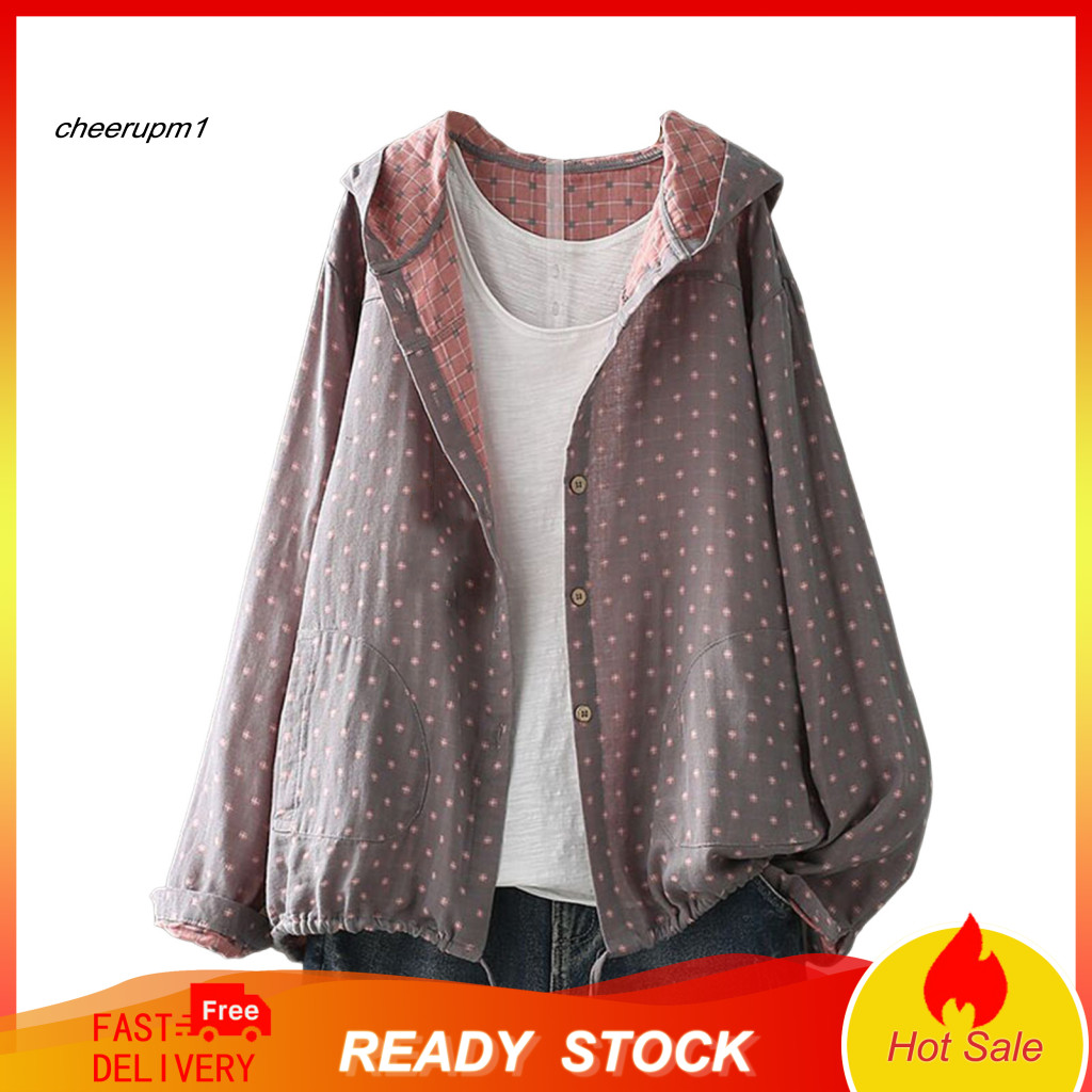 Women Cotton Jacket Lightweight Women’s Spring Autumn Hooded with Drawstring Hem Long Sleeve Loose Fit Coat Printed Zi