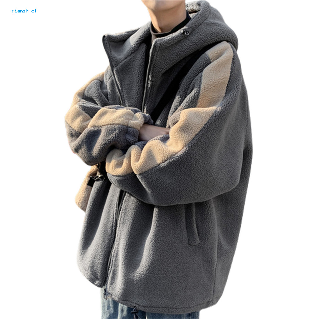Hooded Men Jacket Polyester Men's Winter Thick Faux Sherpa Lined Casual Coat Drawstring Hem Contrast Zipper Long Sleeves