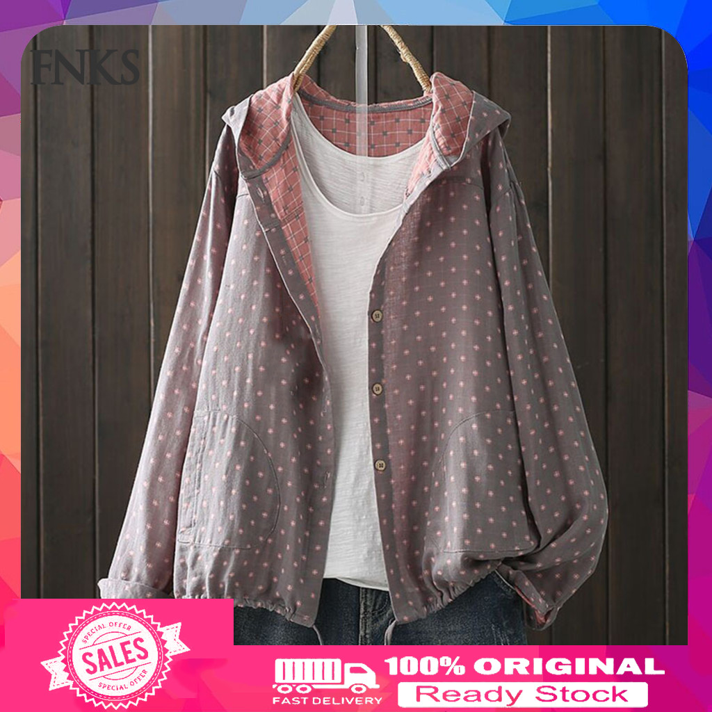 Women Cotton Jacket Outerwear Women’s Spring Autumn Hooded with Drawstring Hem Long Sleeve Loose Fit Coat Printed Zipp