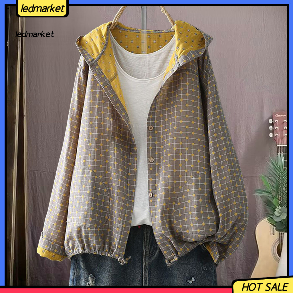 Printed Jacket Women Cotton Women’s Spring Autumn Hooded with Drawstring Hem Long Sleeve Loose Fit Coat Zipper Closure