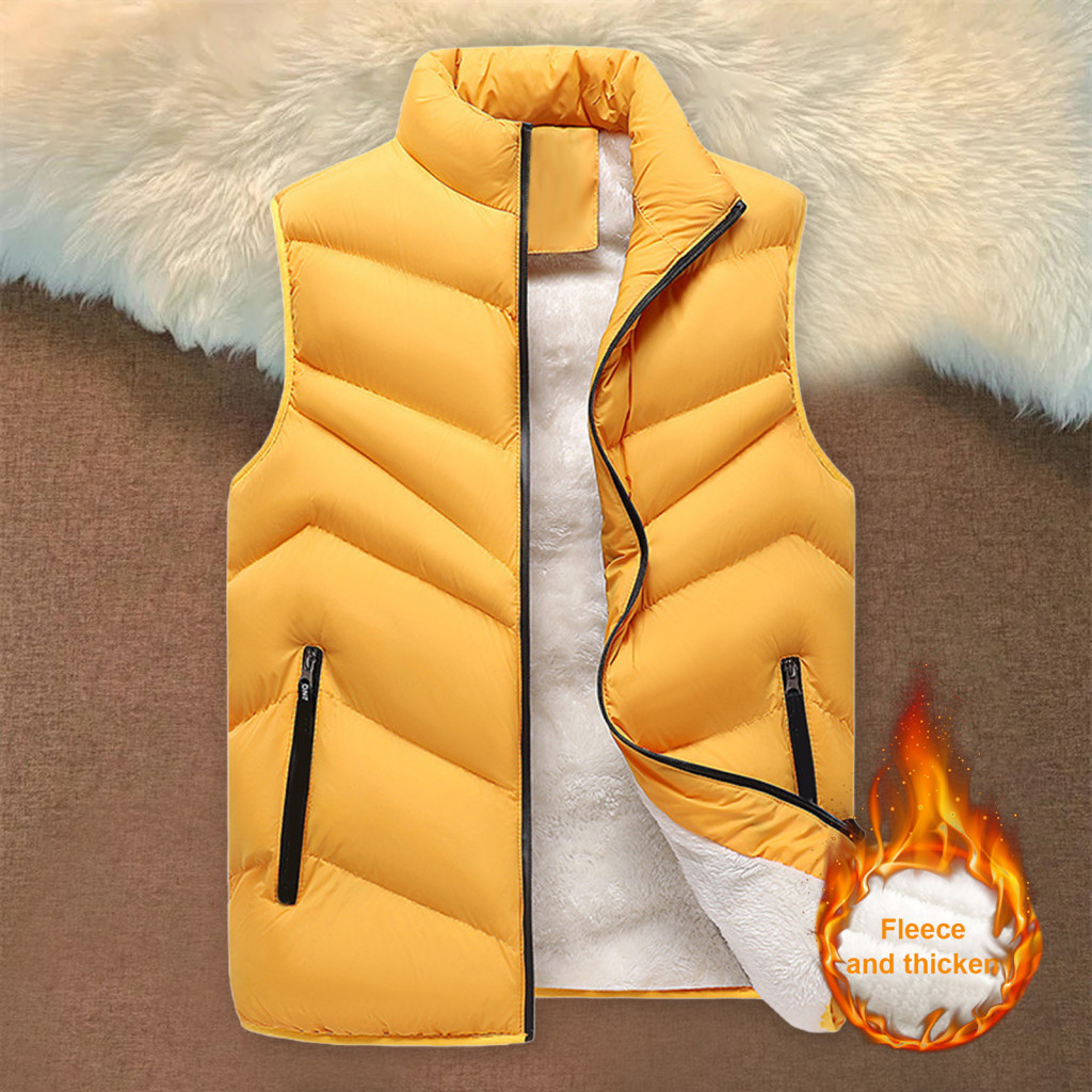Zipper Pockets Vest Cotton Men's Waistcoat with Stand Collar Sleeveless Solid Color Coat Placket Elastic Drawstring Hem