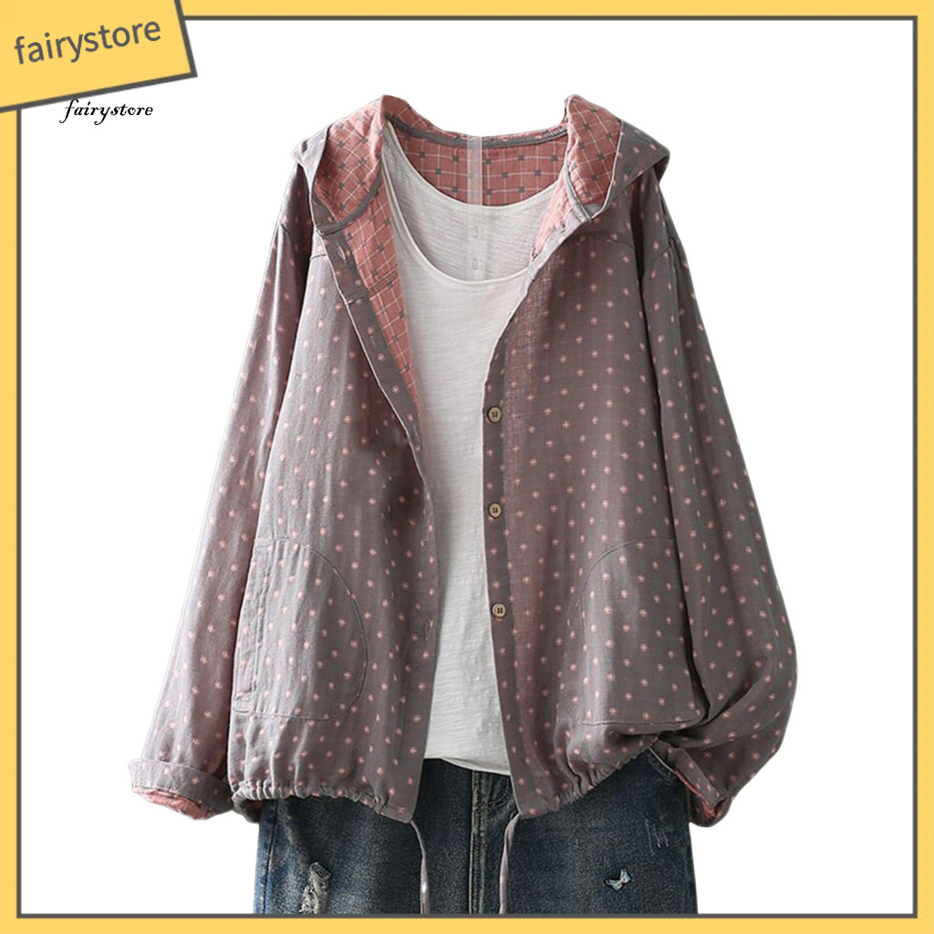 Women Outerwear Cotton Jacket Women’s Spring Autumn Hooded with Drawstring Hem Long Sleeve Loose Fit Coat Printed Zipp