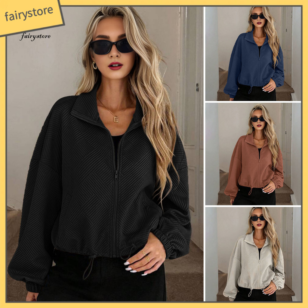 Coat Women Autumn Women’s Full Zip Crop Jacket with Stand Collar Long Sleeves Drawstring Hem Pockets – Lightweight F
