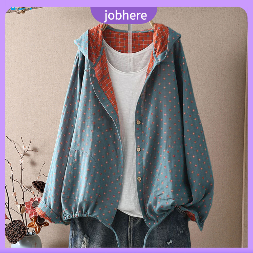 Women Jacket Cotton Women’s Spring Autumn Hooded with Drawstring Hem Long Sleeve Loose Fit Coat Printed Zipper Closure