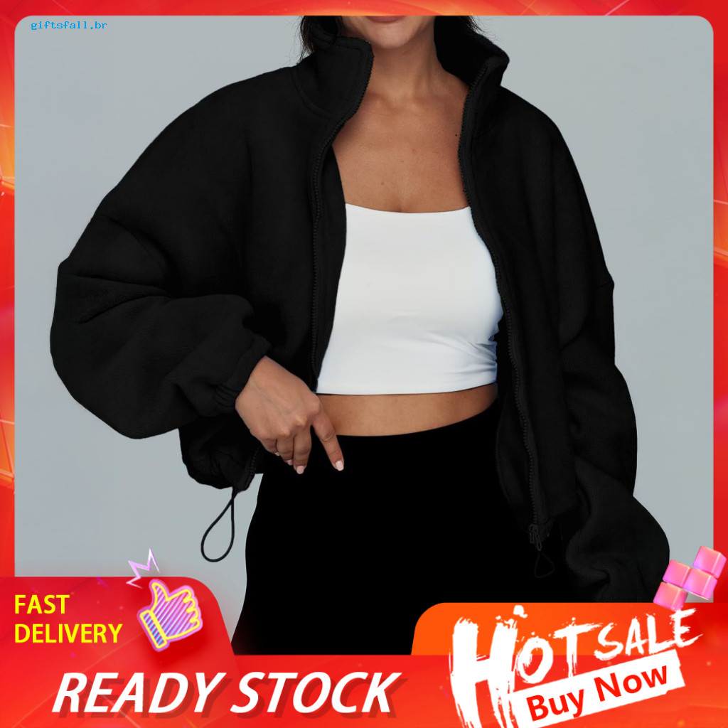 Breathable Hooded Sweatshirt Zip Up Jacket Women’s Winter Fleece Full Cropped Coat with Drawstring Hem and Stand Colla