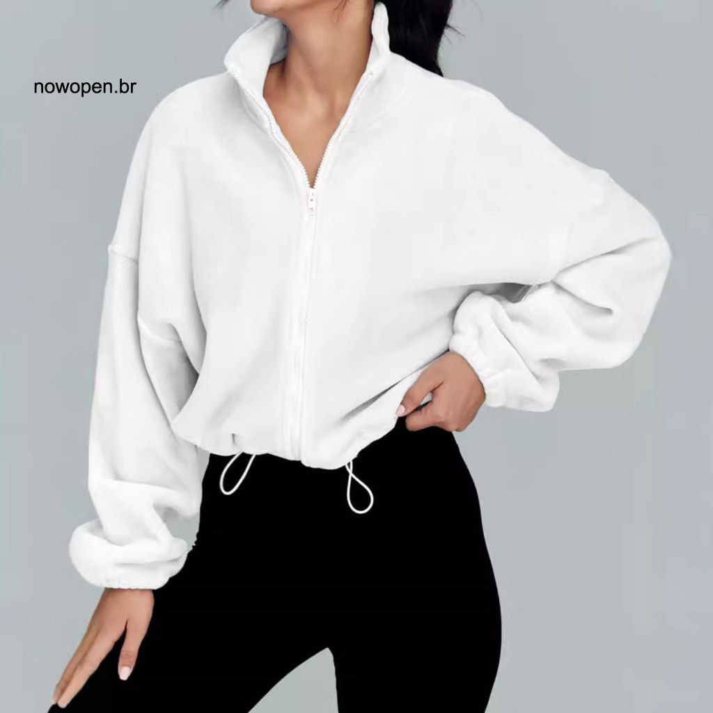 Zip Up Jacket Spring Autumn Winter Women’s Fleece Full Cropped Coat with Drawstring Hem and Stand Collar Warm Long Sle