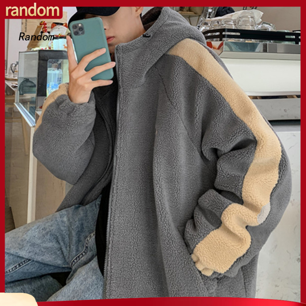 Hooded Men Jacket Warm and Comfortable Men's Winter Thick Faux Sherpa Lined Casual Coat Drawstring Hem Contrast Zipper L