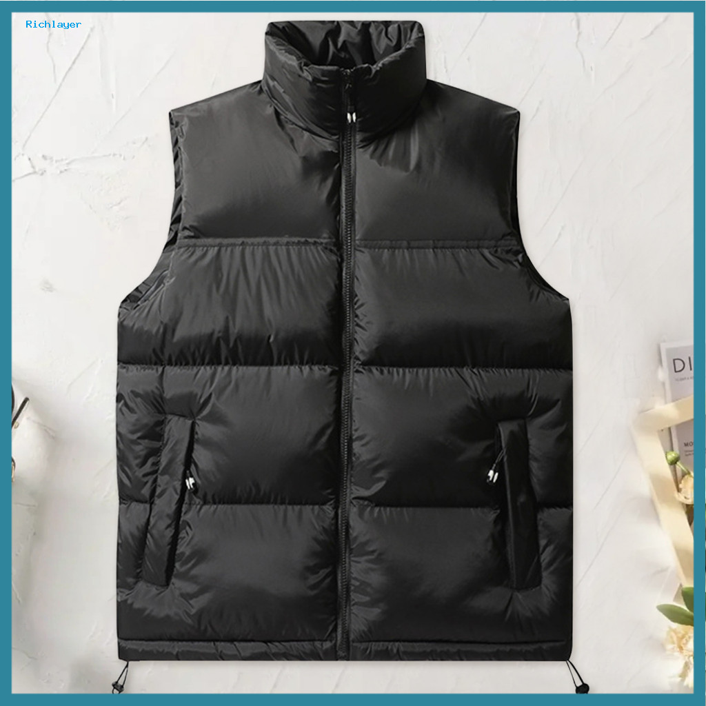 Drawstring Hem Sleeveless Jacket Cotton Vest with Zipper Pockets Men's Waistcoat Stand Collar Patchwork Design Elastic f