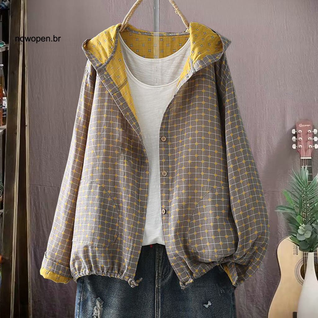Women Cotton Jacket Hooded Coat Women’s Spring Autumn with Drawstring Hem Long Sleeve Loose Fit Printed Zipper Closure