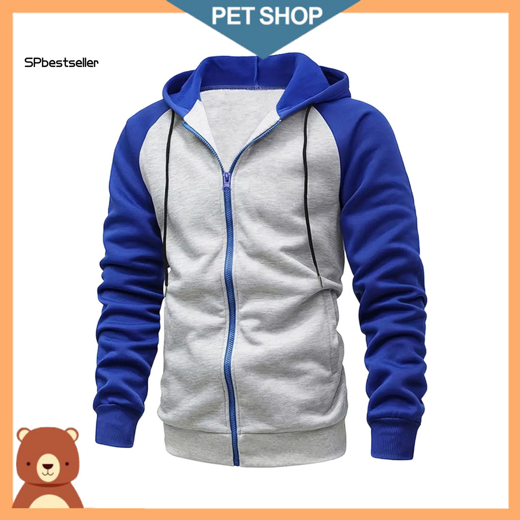 Men Hoodie Hooded Jacket Men's with Contrasting Color Zip-up Drawstring Hood Plush Lining Stretchy Hem Cuffs Long Sleeve