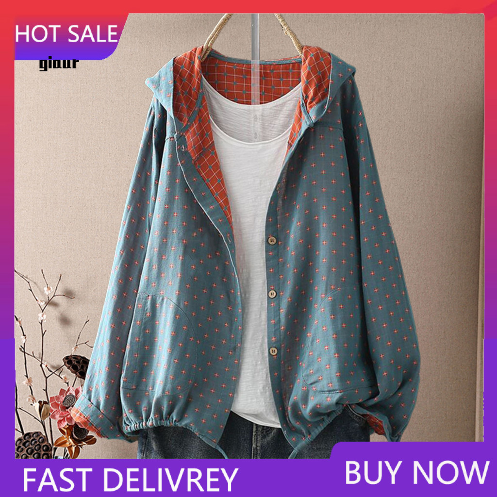 Lightweight Cotton Jacket Women Women’s Spring Autumn Hooded with Drawstring Hem Long Sleeve Loose Fit Coat Printed Zi