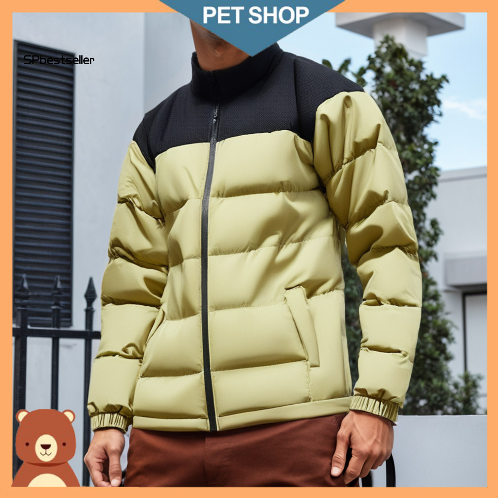 Windproof Cotton Coat with Drawstring Sleeves Men's Stand Collar Thickened Jacket Hem Long Sleeve Zipper for Outdoor