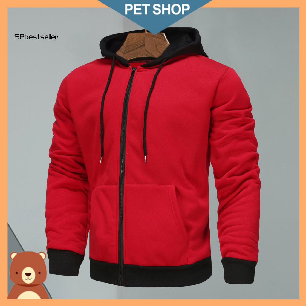 Men Long Sleeve Hoodie Hooded Jacket Men's Fall Winter Solid Color Zip-up Coat with Drawstring Elastic Cuffs Hem Casual