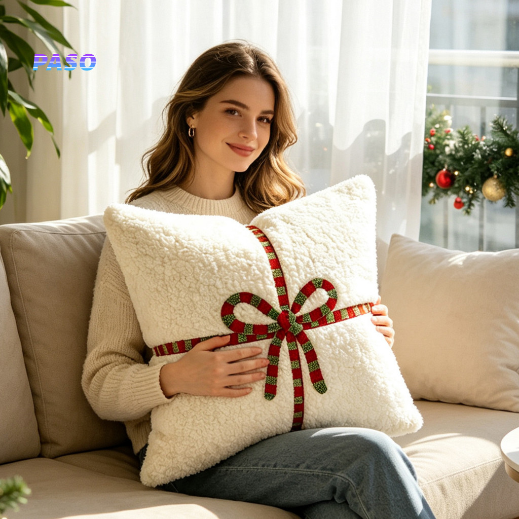 Christmas Throw Pillow Covers Gift Bow Pattern Cases Cover 18x18 Inch Soft Plush Cushion Case with Knot for Sofa for Roo