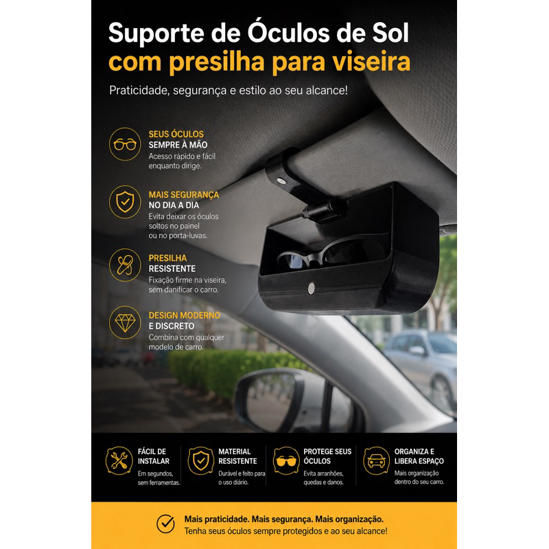Suporte de Óculos para Viseira de Carro | Presilha Universal | Prático, Seguro e Discreto