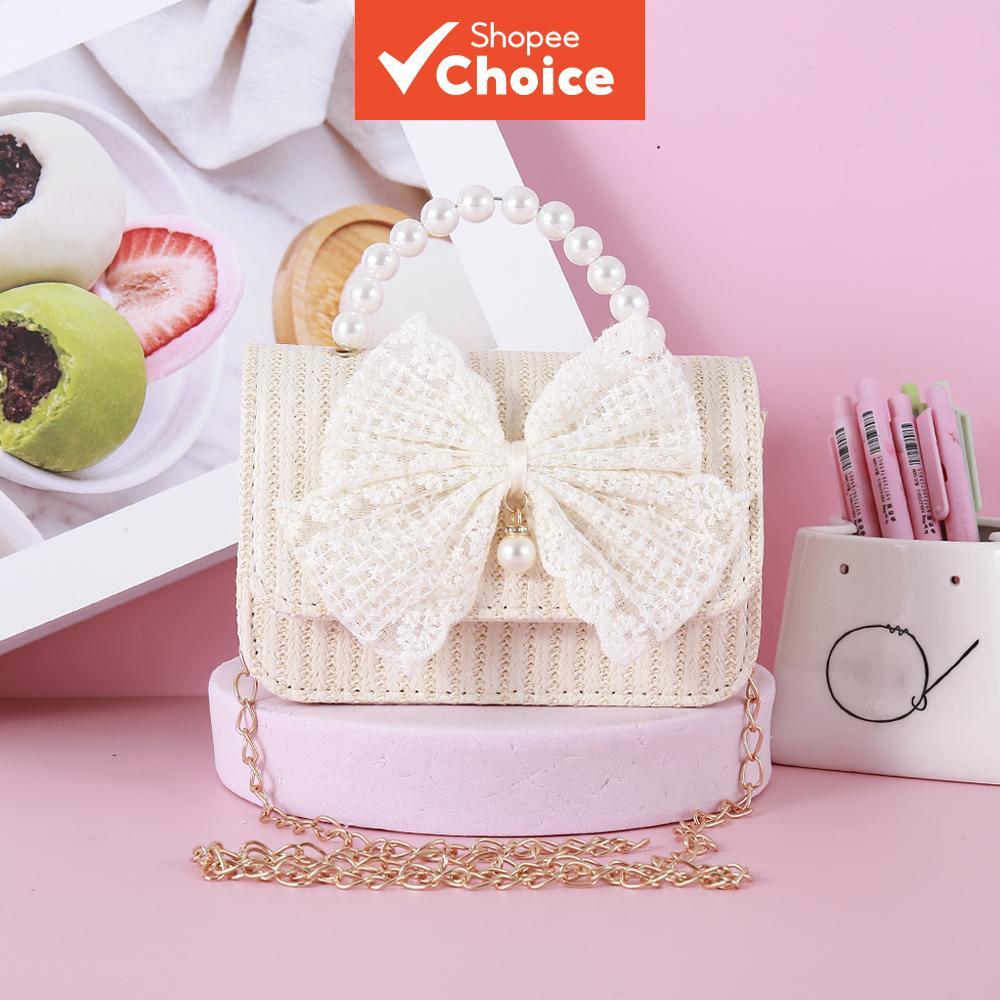 Bolsa Crossbody De Corrente Tecida Casual Infantil Com Laço De Malha E Decoração De Contas , Grande Portátil Para Lanche