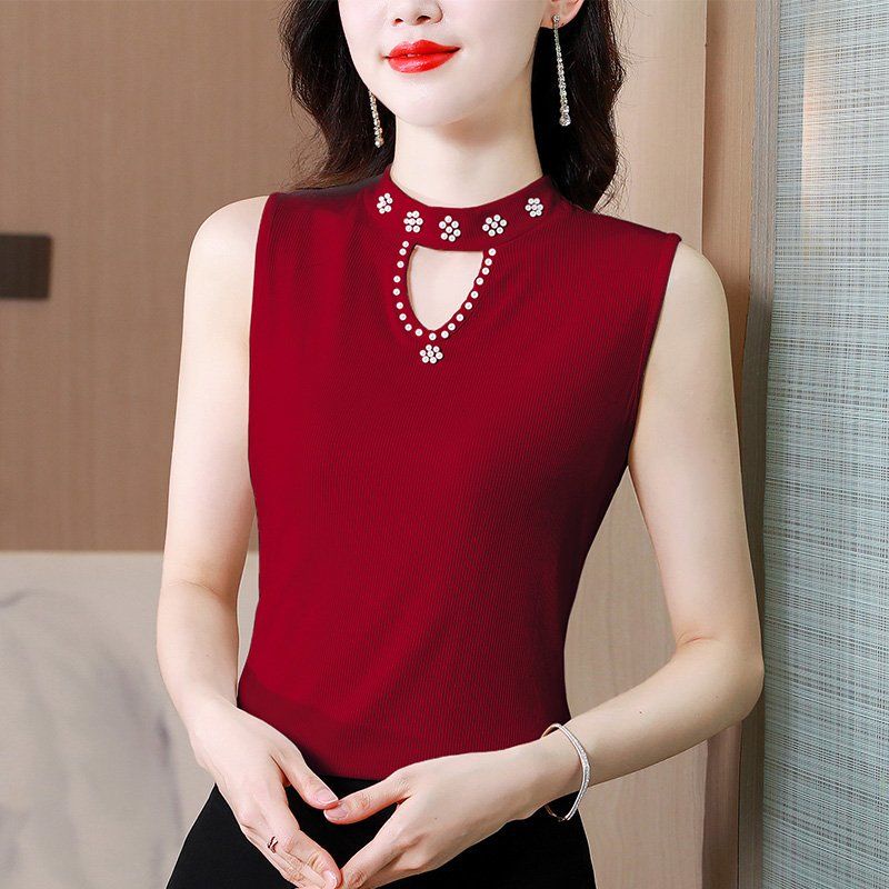 Topo De Tanque Feminino De Malha Cor Sólida Da Moda Coreana Com Contas
