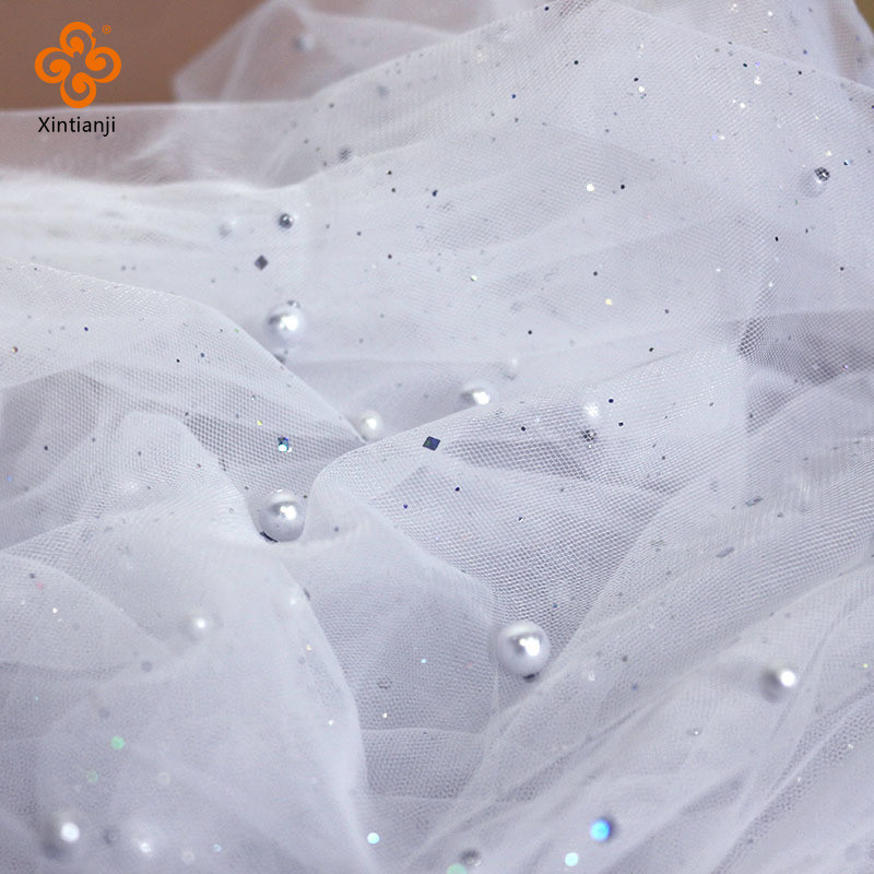 Pérola Laser Aspersão Em Pó Contas Brilhante Malha Branca Gaze Tecido Vestido De Casamento Artesanal Diy Roupas Meio Met