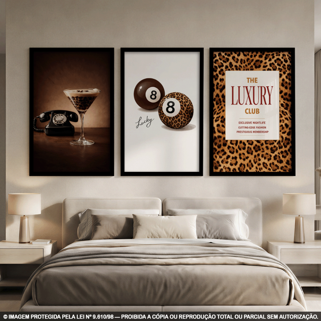 Kit 3 Peças Quadros Decorativos Luxo Animal Print – Lucky 8, Poder & Estilo em MDF