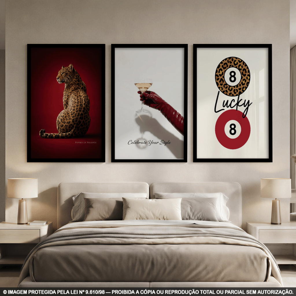 Kit 3 Quadros Decorativos Onça, Lucky 8 e Drink Luxo para Sala