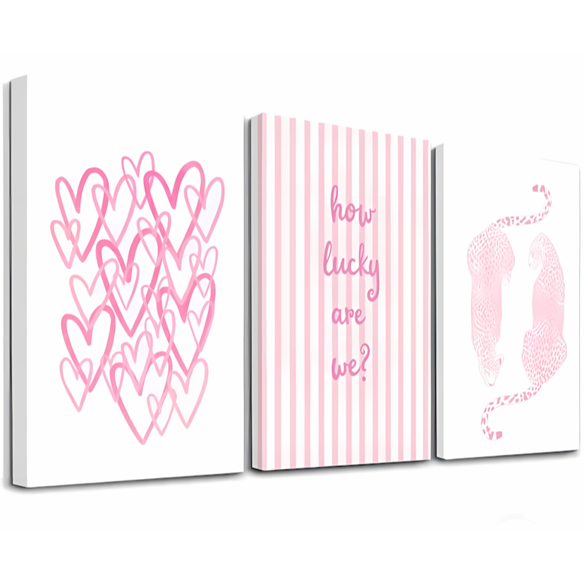 kit 3 quadros decorativos onça rosa coração frase lucky style feminino cores vivas luxo