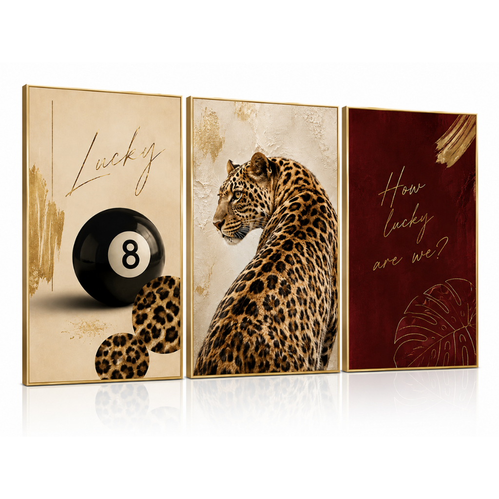 Kit 3 Quadros Decorativos Onça Animal Print Lucky Luxo Dourado Para Sala Quarto Escritório